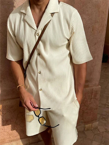 Conjunto Masculino Casual Bege Plissado com Botões