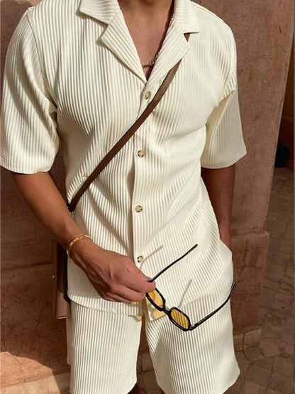 Conjunto Masculino Casual Bege Plissado com Botões
