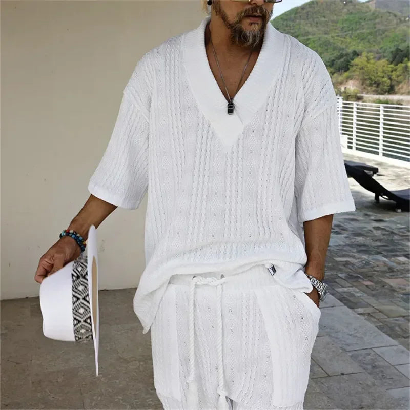 Conjunto Masculino Tricot Casual Branco Gola V