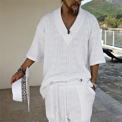 Conjunto Masculino Tricot Casual Branco Gola V