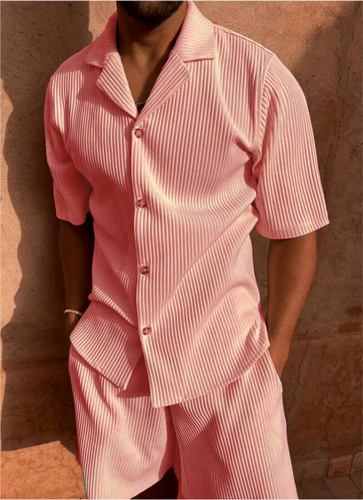 Conjunto Masculino Casual Bege Plissado com Botões