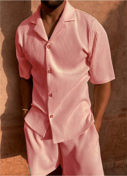 Conjunto Masculino Casual Bege Plissado com Botões